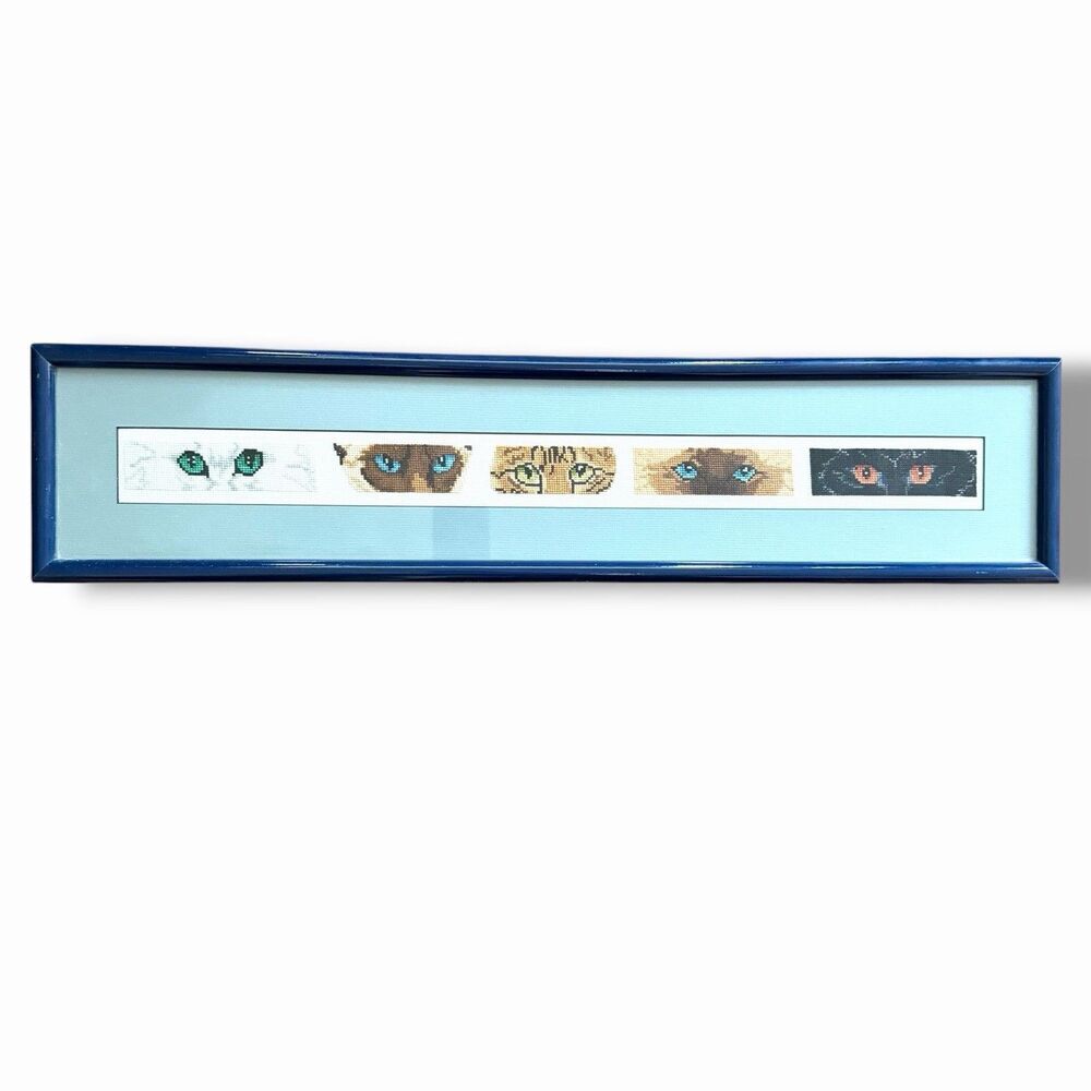 Framed Cross-Stitch Cat Eyes Art 28.5 inx6 in Veterinary Cat Lover